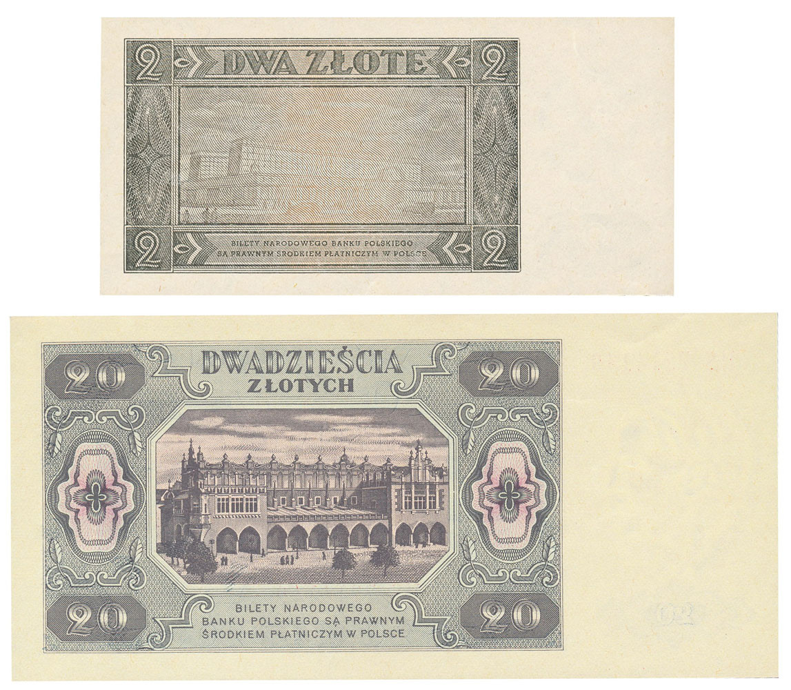 2 złote 1948 seria BR, 20 złotych 1948 seria HS, zestaw 2 banknotów